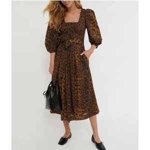 Tuckernuck Leopard Graciela Belted Midi Dress 3/4 Sleeve Size 12